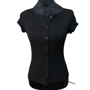 Free People Intimately Ribbed Basic Black Short Sleeve Button Down Top SZ S